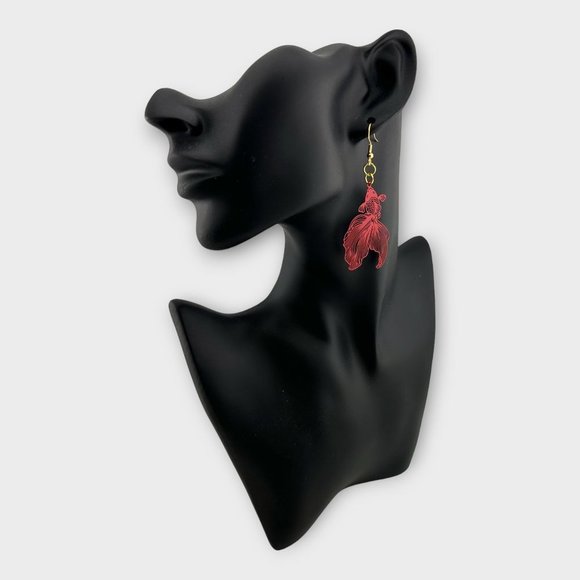 Red Koi Fish Earrings Gold Plated French Hook Ear Wires - Picture 3 of 6